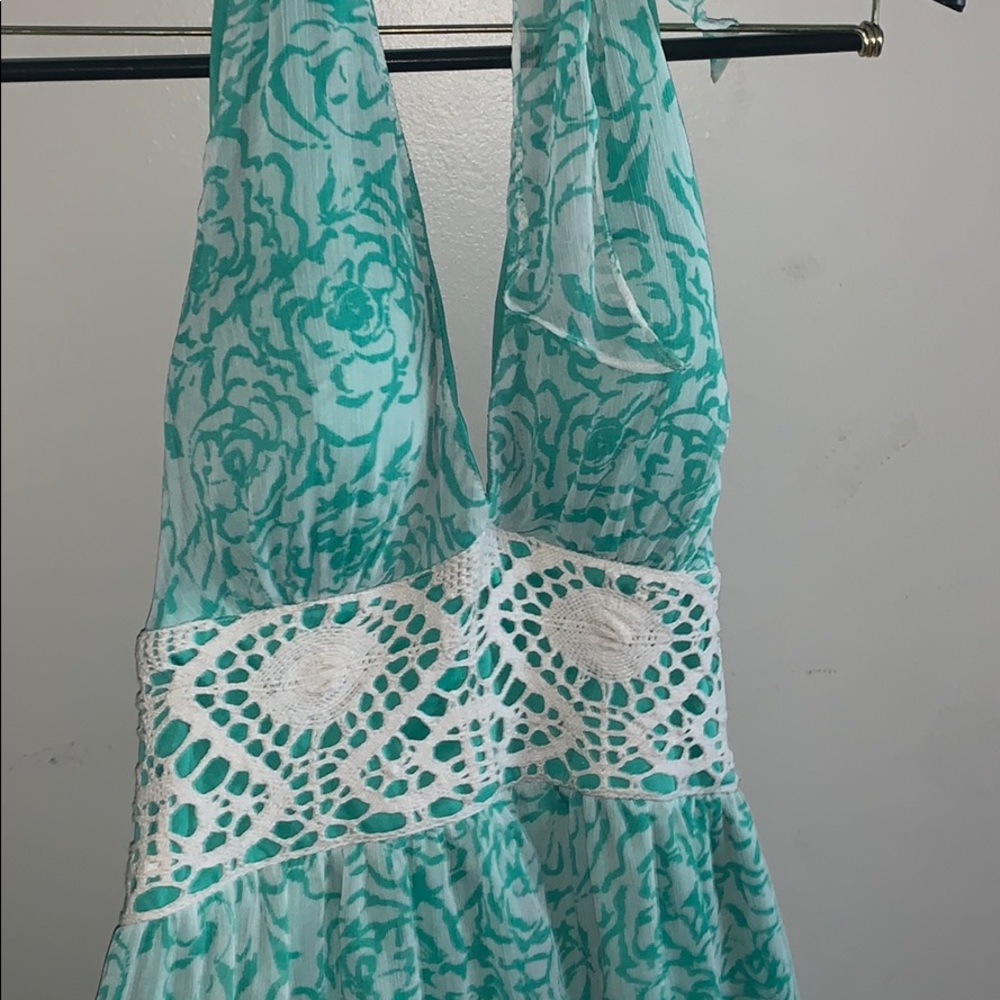 Teal and creme patterned halter dress